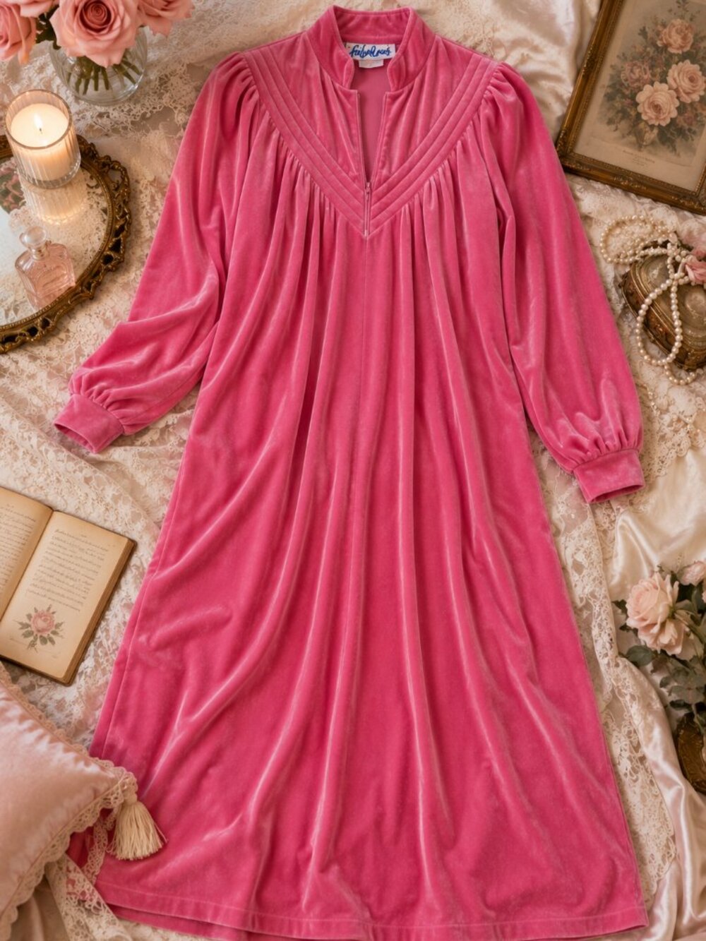 Vintage Fabulous Pink Velour Nightgown Hostess Gown Sleepwear S Small 70s